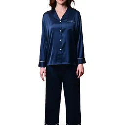 Sleepsia Lounge Women's Navy Satin Full Sleeves Shirt & Pyjama Night Set-picture-10