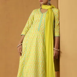 Khushal K Geometric Printed Pure Cotton Straight Kurta With Palazzo And Dupatta image 3