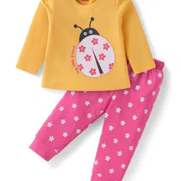 Babyhug Cotton Knit Full Sleeves Night Suit with Floral & Ladybug Print - Orange & Pink-picture-37