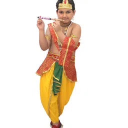 Kaku Fancy Dresses Janmashtami Theme Floral Printed Krishna Costume Set - Red-image-49