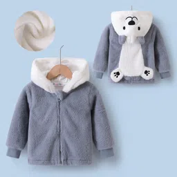 Kookie Kids Full Sleeves Hooded Winter Fur Jacket with Patch & 3D Applique at Back - Light Blue-image-14