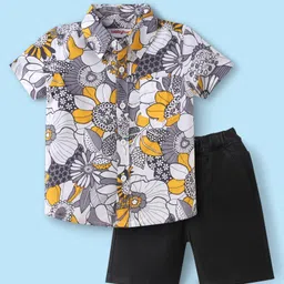 Babyhug Cotton Woven Half Sleeves Floral Printed Shirt & Denim Shorts Set - Grey-picture-20