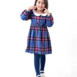 Babyhug Woven Full Sleeves Checkered Frock With Bow Applique & Stockings - Navy Blue-picture-13