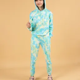 tweeny mini Cotton Full Sleeves Tie Dye Hoodie With Coordinating Track Pant Set - Lemon Yellow & Green-picture-20