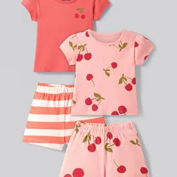 Bonfino Cotton Knit Puffed Sleeves Short Night Suits with Tropical Print Pack of 2 - Pink & Coral-image-53