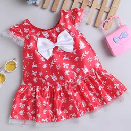 Many frocks & Christmas Theme Satin Cap Sleeves Bow Applique Detailed & Gifts Printed Dress - Red-picture-20