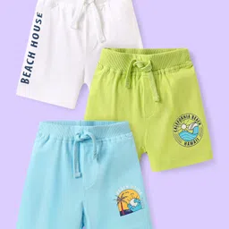 Babyhug Cotton Knit Mid Thigh Length Shorts with Beach Theme Print Pack of 3 - White Light Blue & Green-picture-19