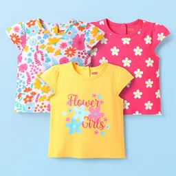 Babyhug Cotton Knit Cap Sleeves T-Shirts with Floral Print Pack of 3 - Pink White & Yellow-picture-25