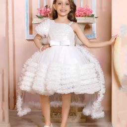 Lagorii Net One Shoulder Half Sleeves Sequins Embellished Bow Applique Detailed Ruffled Dress With Hair Band & Tailback - White-image-5