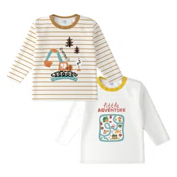 Nautinati Cotton Pack Of 2 Full Sleeves Excavator & Little Adventure Text Printed Tee - White & Brown-picture-28