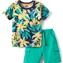 Babyhug Single Jersey Knit Half Sleeves T-Shirt & Shorts Set With Leaf Print - Navy Blue & Green-picture-24