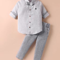 Rikidoos Cotton Woven Full Sleeves Striped Shirt & Trousers With Bow & Suspender Set - White & Light Grey-picture-46
