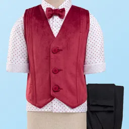 Babyhug Knit Full Sleeves Polka Dot Printed 3 Piece Party Suit With Bow - Red & White image 1