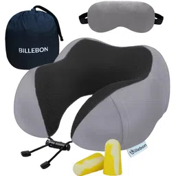 Billebon Neck Pillow Grey Memory Foam Filled Multi Contour Shape with Eye Mask , Travel Pouch-picture-14