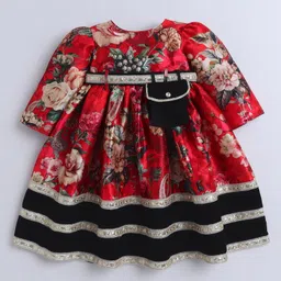 TINY MINY MEE Silk Half Sleeves Floral Printed Lace Embellished Dress With Headband & Pouch Attached Belt - Multi Colour image 4