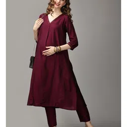 The Mom Store Silk Three Fourth Sleeves Solid Maternity Kurta With Nursing Access & Salwar Set - Maroon image 5