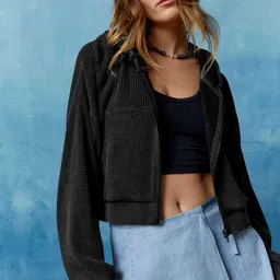 StyleCast x Revolte Self Design Hooded Front-Open Crop Sweatshirt-image-85