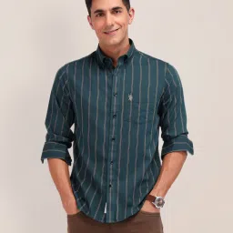 U.S. Polo Assn. Green Cotton Tailored Fit Striped Shirt image 4