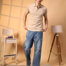 Campus Sutra Beige Regular Fit Self Pattern Polo T-Shirt image 4