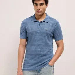 The Bear House Blue Cotton Woven Design Regular Fit Polo T-Shirt-image-38