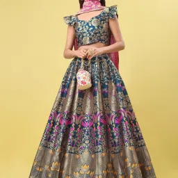 PURVAJA Teal Floral Print Stitched Lehenga & Unstitched Blouse With Dupatta image 4