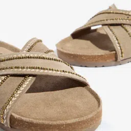 LUNA BLU by Westside Taupe Embellished Criss-Cross Leather Sandals image 3