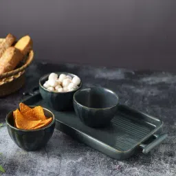 Aapno Rajasthan Grey Ceramic Tray with Bowl - Set of 4-image-18