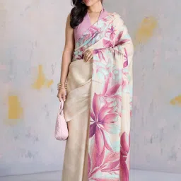 navyasa by liva Beige Printed Saree With Unstitched Blouse image 4