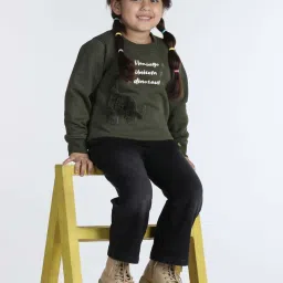 Wingsfield Girls Olive Solid Full Sleeves Sweatshirts & Hoodies image 4