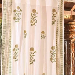 Peepul Tree White & Olive Green Pure Cotton Marigold Collection Sheer Curtains - Set of 2 image 4