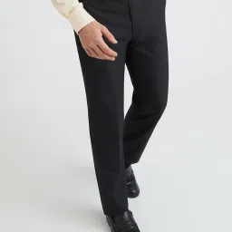 Park Avenue Dark Grey Regular Fit Check Flat Front Trousers image 4