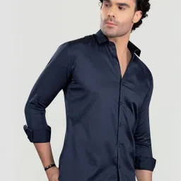 Almaty Navy Blue Cotton Slim Fit Shirt image 4