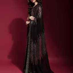 Odette Black & Pink Poly Georgette Embellished Saree with Unstitched Blouse image 4