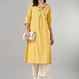 Rangmanch by Pantaloons Yellow Cotton Embroidered A Line Kurta image 4