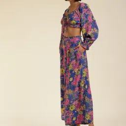 Label Ritu Kumar Blue Floral Crop Top With Palazzos image 3