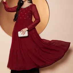 Poshak Hub Women Round Neck Embroidered Pure Georgette Tiered Anarkali Kurti image 3