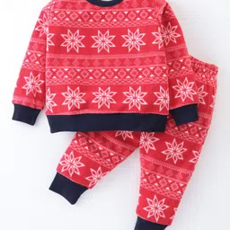Crayonflakes Full Sleeves Striped Pattern Jacquard Designed Polar Fleece Coordinating Sweatshirt &JoggerSet - Red-picture-15