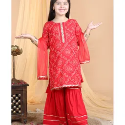 Kinder Kids Half  Sleeves Bandhej Printed & Lace Embellished Kurta  Sharara And Dupatta Set - Red-image-78