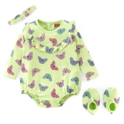 Babyhug 100% Cotton Knit Full Sleeves Onesie with Hairband & Booties Butterfly Print - Green-picture-29