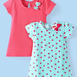 Babyhug Single Jersey Knit Half Sleeves Dresses With Fruit Print & Bow Applique Pack of 2 - Dark Pink & Light Blue-picture-27
