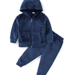 Babyhug Velour Woven Full Sleeves Hooded Winter Wear Suit with Fur& Kangaroo Pockets - Navy Blue-image-33
