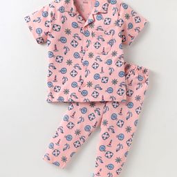 CUCUMBER Sinker Knit Half Sleeves Night Suit with Nautical Theme Print - Pink-picture-44