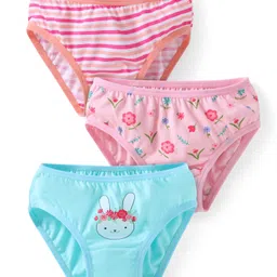 Babyhug 100% Cotton Knit Bunny & Floral Printed Panties Pack of 3 - Pink & Light Blue-image-50