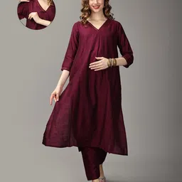 The Mom Store Silk Three Fourth Sleeves Solid Maternity Kurta With Nursing Access & Salwar Set - Maroon-picture-10
