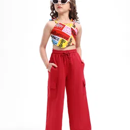 Ollington St. Cotton Lycra Sleeveless Printed Top & Knit Track Pant Set - Red-picture-30