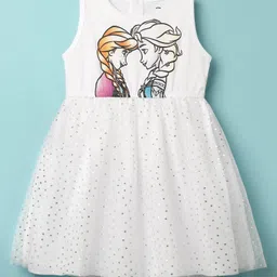 Babyhug Disney Single Jersey Knit Sleeveless Frock with Elsa & Anna Graphics with Foil Print & Mesh Detailing - White-image-70