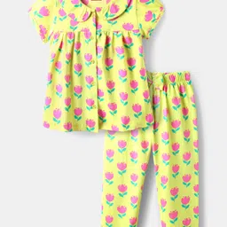 Babyhug Cotton Knit Half Sleeves Front Open Co-Ord Night Suit with Floral Print - Light Green-picture-22