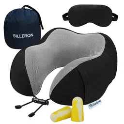 Billebon Neck Pillow Black Memory Foam Filled Multi Contour Shape with Eye Mask , Travel Pouch-picture-27