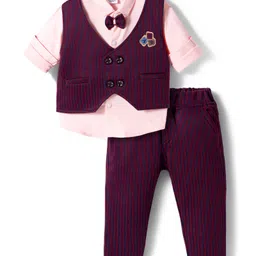 Mini Taurus Sinker Knit Full Sleeves Striped 3 Piece Party Suit With Attached Bow - Maroon-picture-22