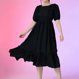 Raiyani Fashion Puff Sleeve Applique Fit & Flare Dress-image-81